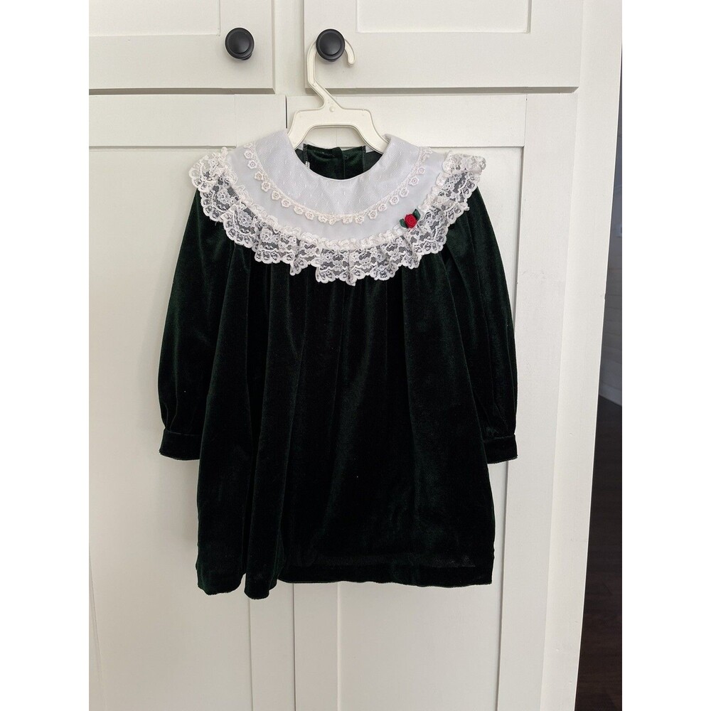 Vintage 90s Dark Green Velvet  & Lace Holiday Christmas Dress 3T See Description